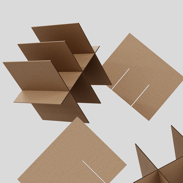 Floating 3D model of four brown cardboard box dividers.