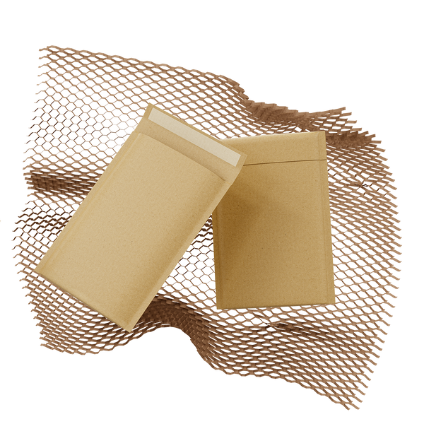 Floating 3D model of two brown honeycomb mailer bags.