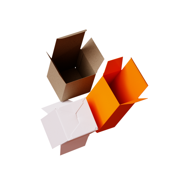 3D render of multi-coloured custom crashlock carton product boxes seen from three different angles.