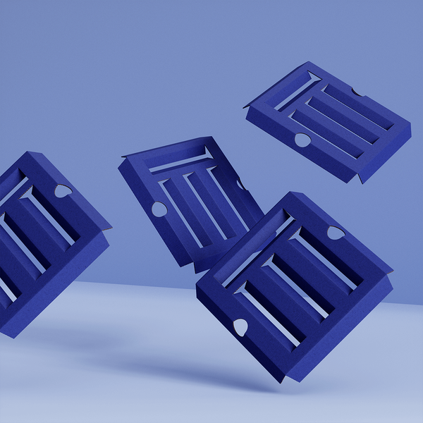 Floating 3D model of four dark blue custom inserts.