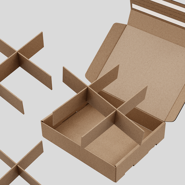 Floating 3D model of three brown cardboard box dividers.