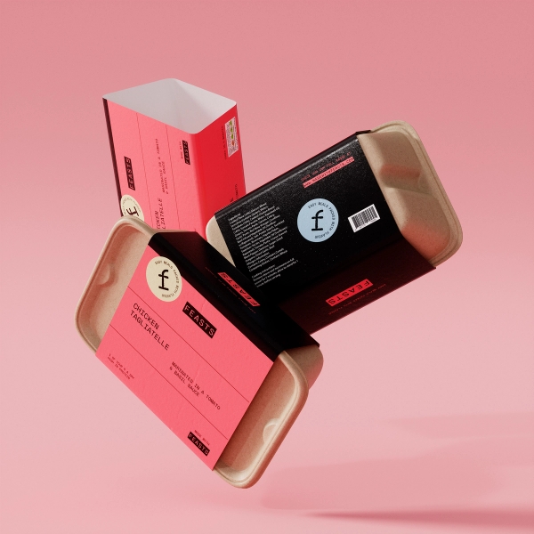 3D render of pink and black branded food packaging sleeves.