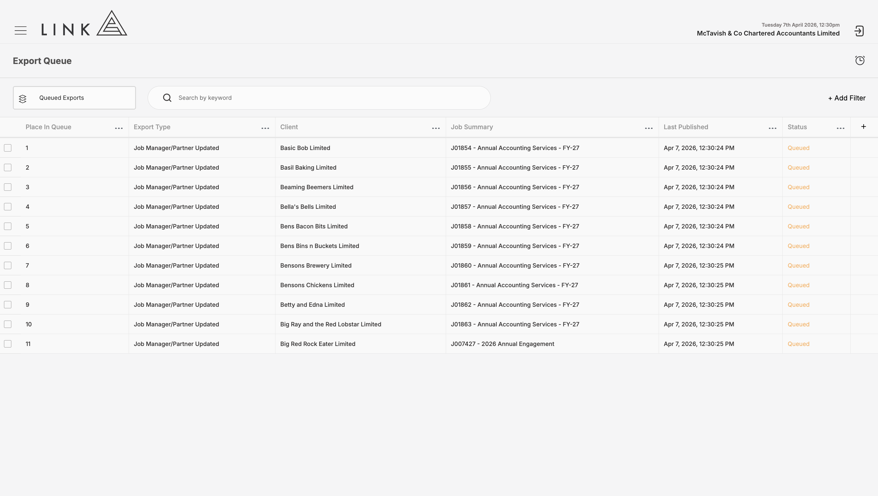 Queued exports show what is in the queue waiting to be pushed to Xero