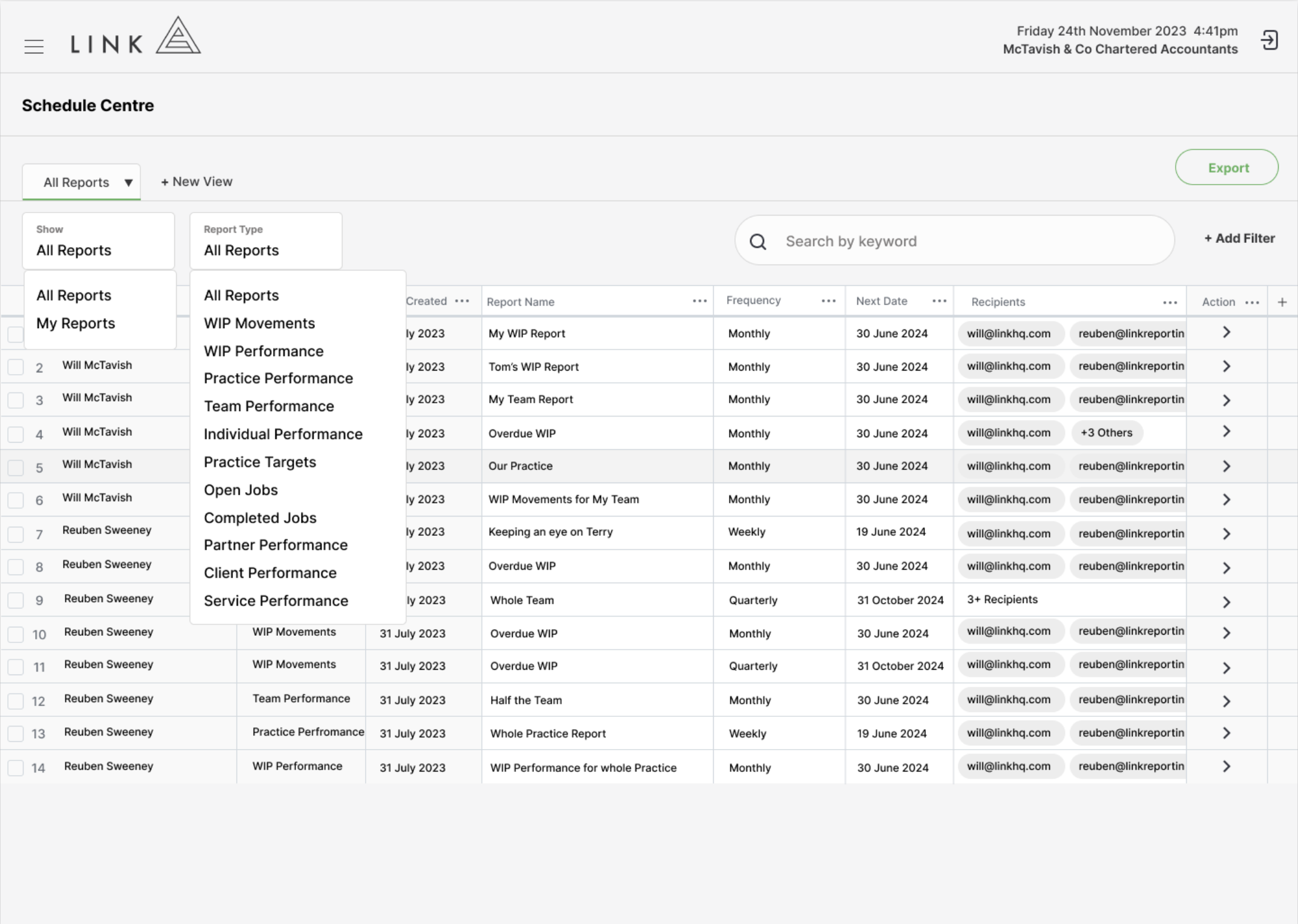 Schedule Centre report views