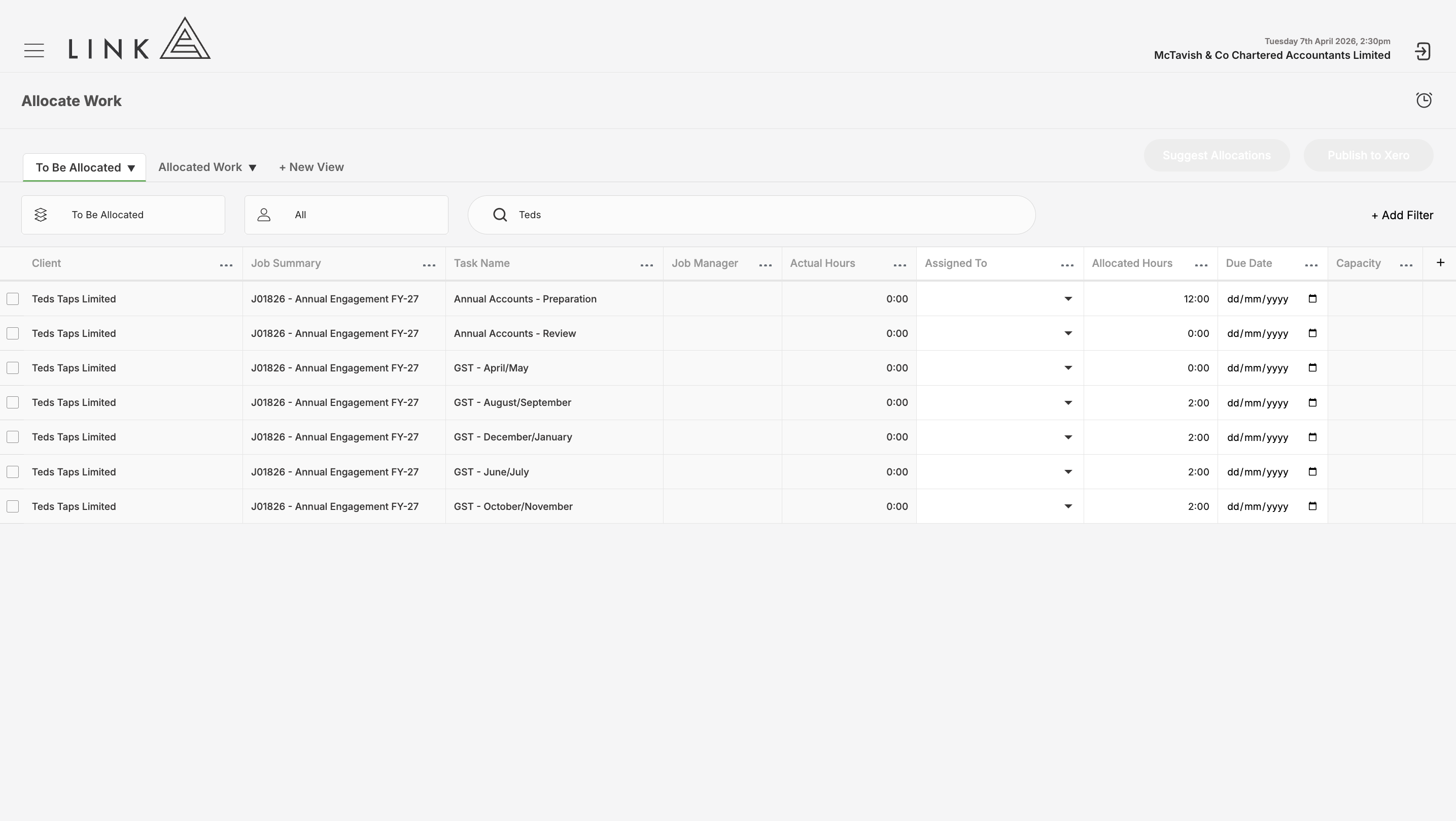 Search the client name in allocate work