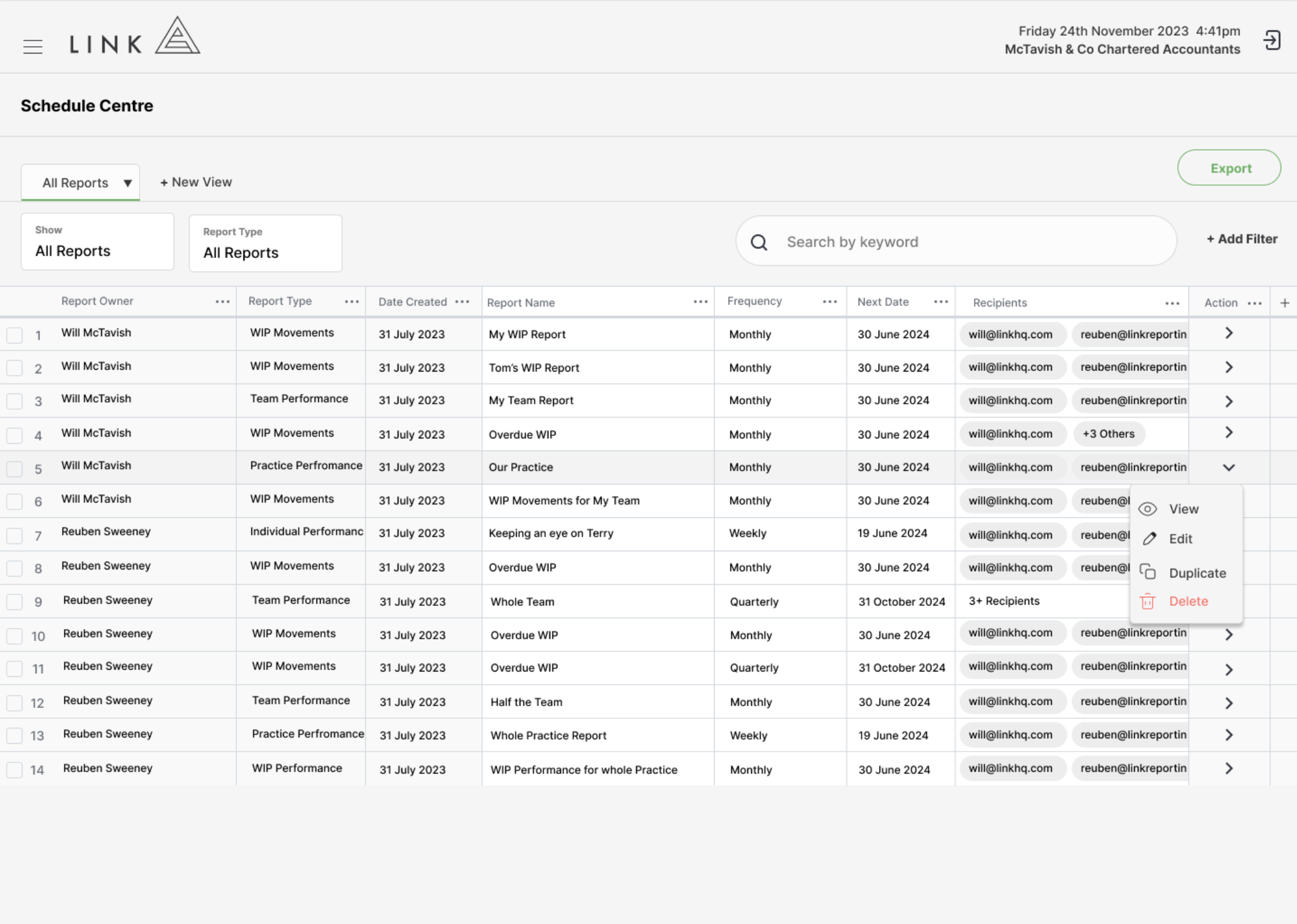 Schedule centre edit report options