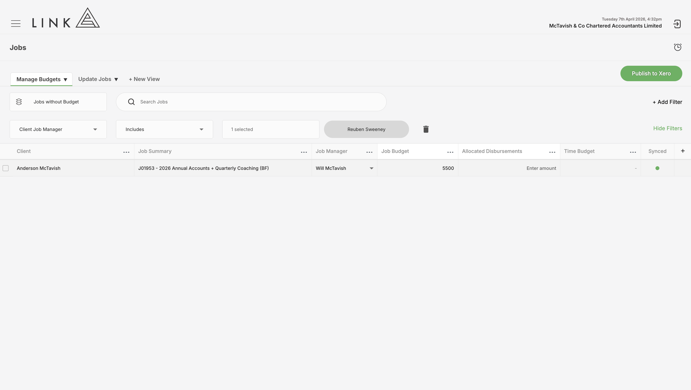Update the budget field with the total expected invoiced value and publish to Xero