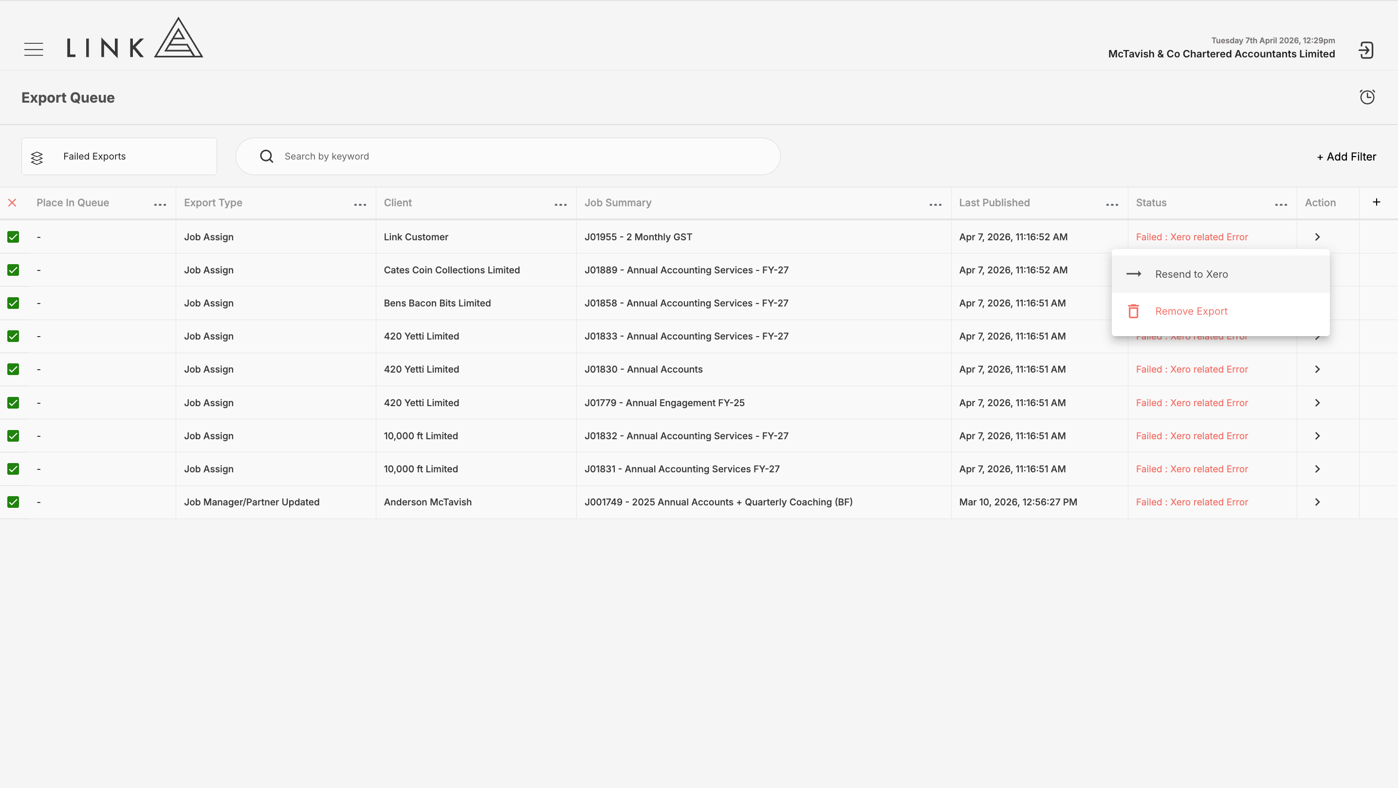 Bulk re-send to Xero to try again