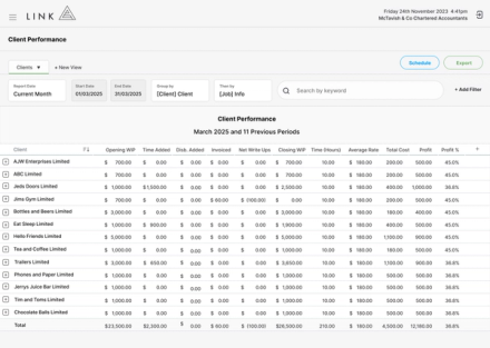 Partners at firms that use Link can re-price their engagements using client profitability