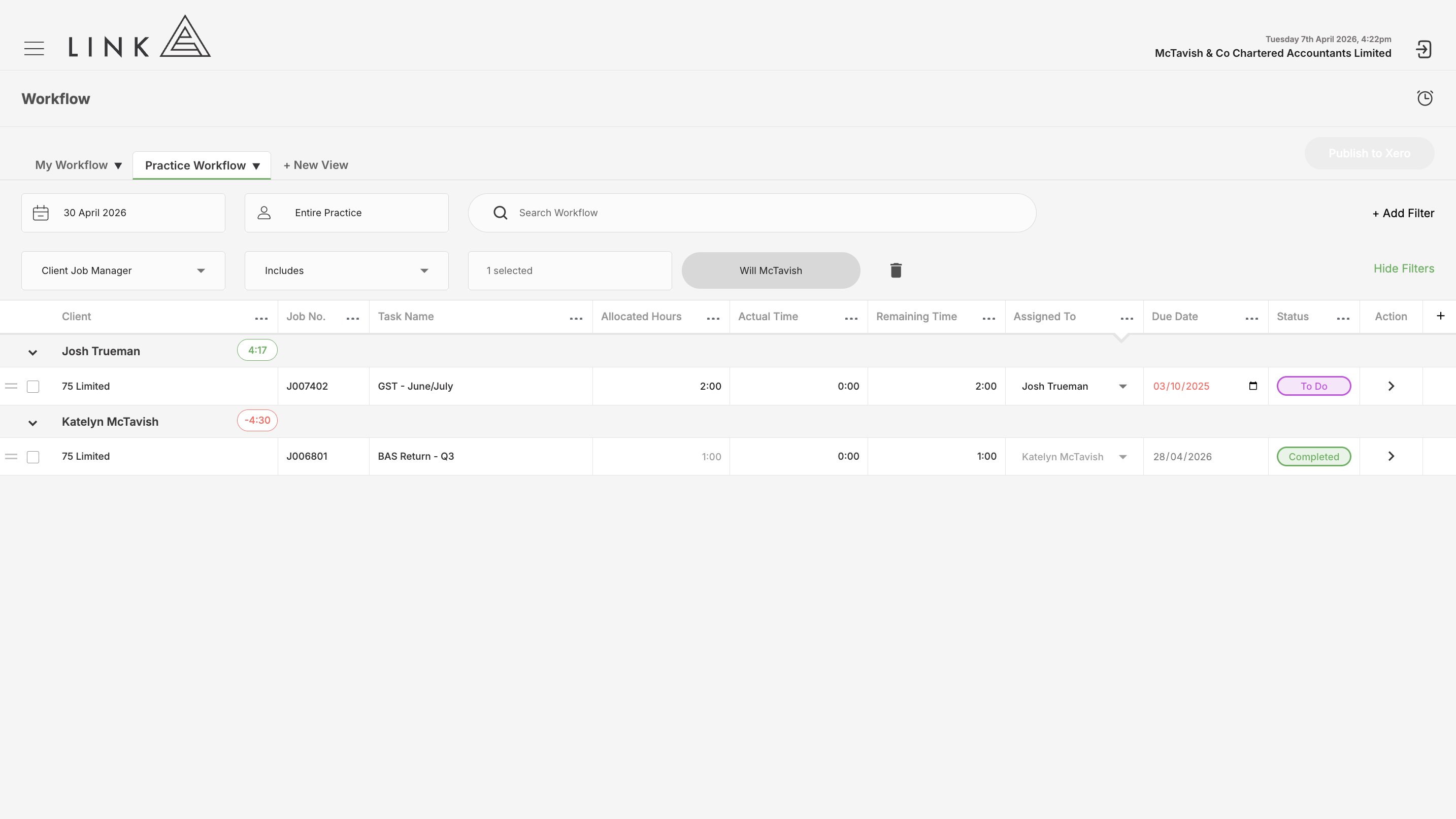 Filtered workflow by Client Job Manager
