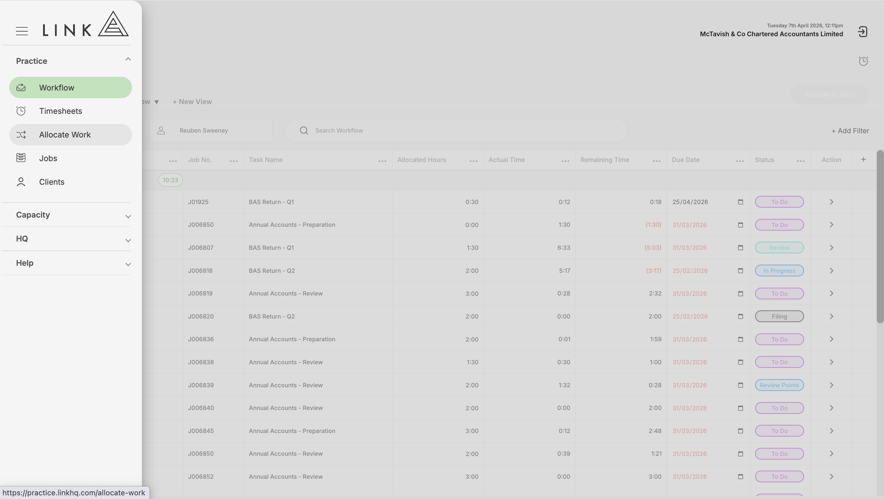 Allocate Work in the menu