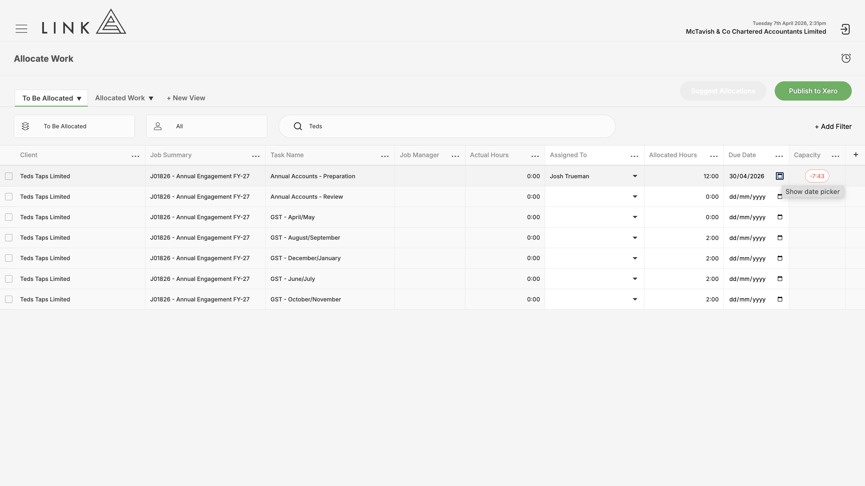 Preview capacity before publishing to Xero