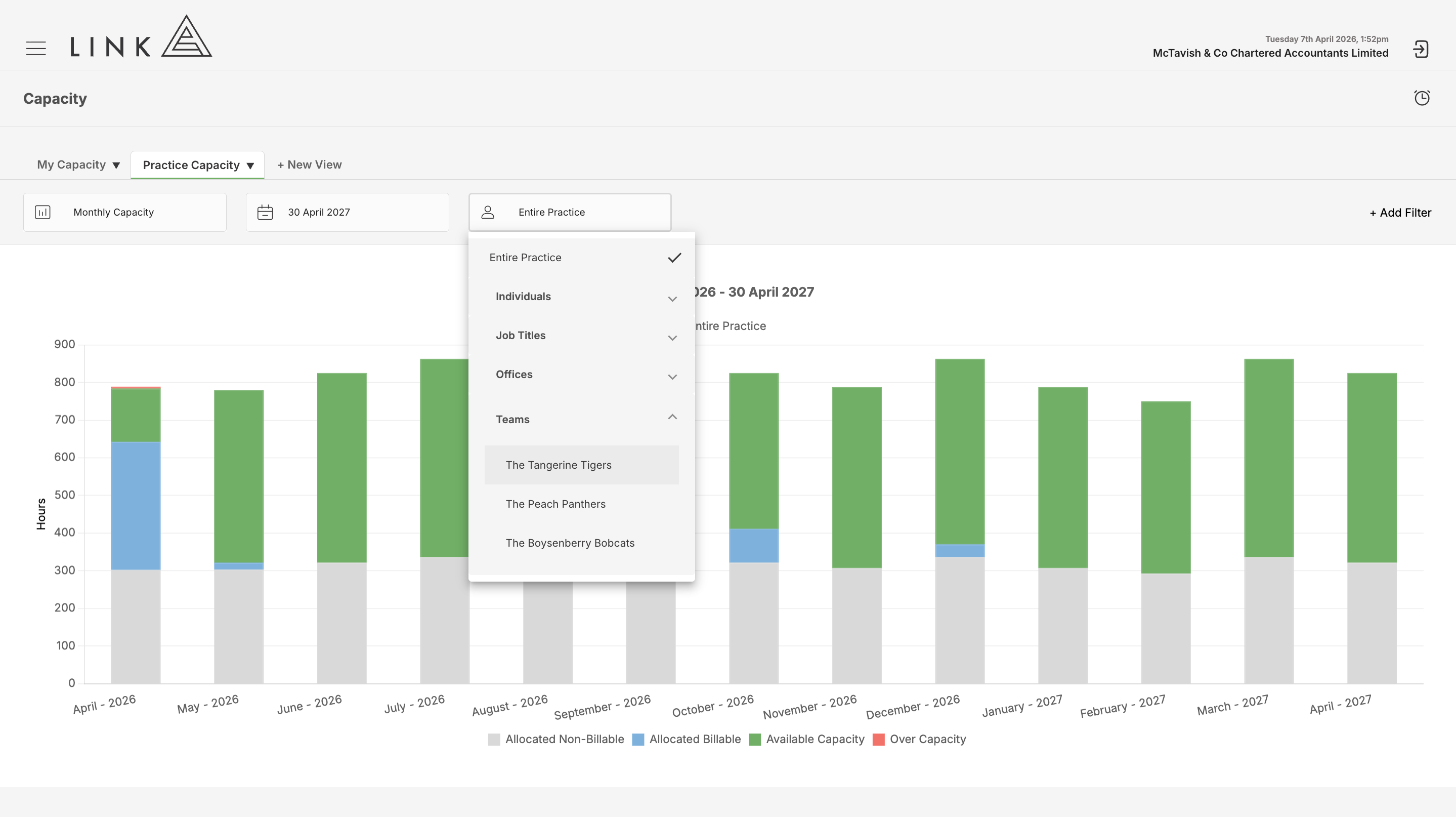 Practice capacity view with filter options