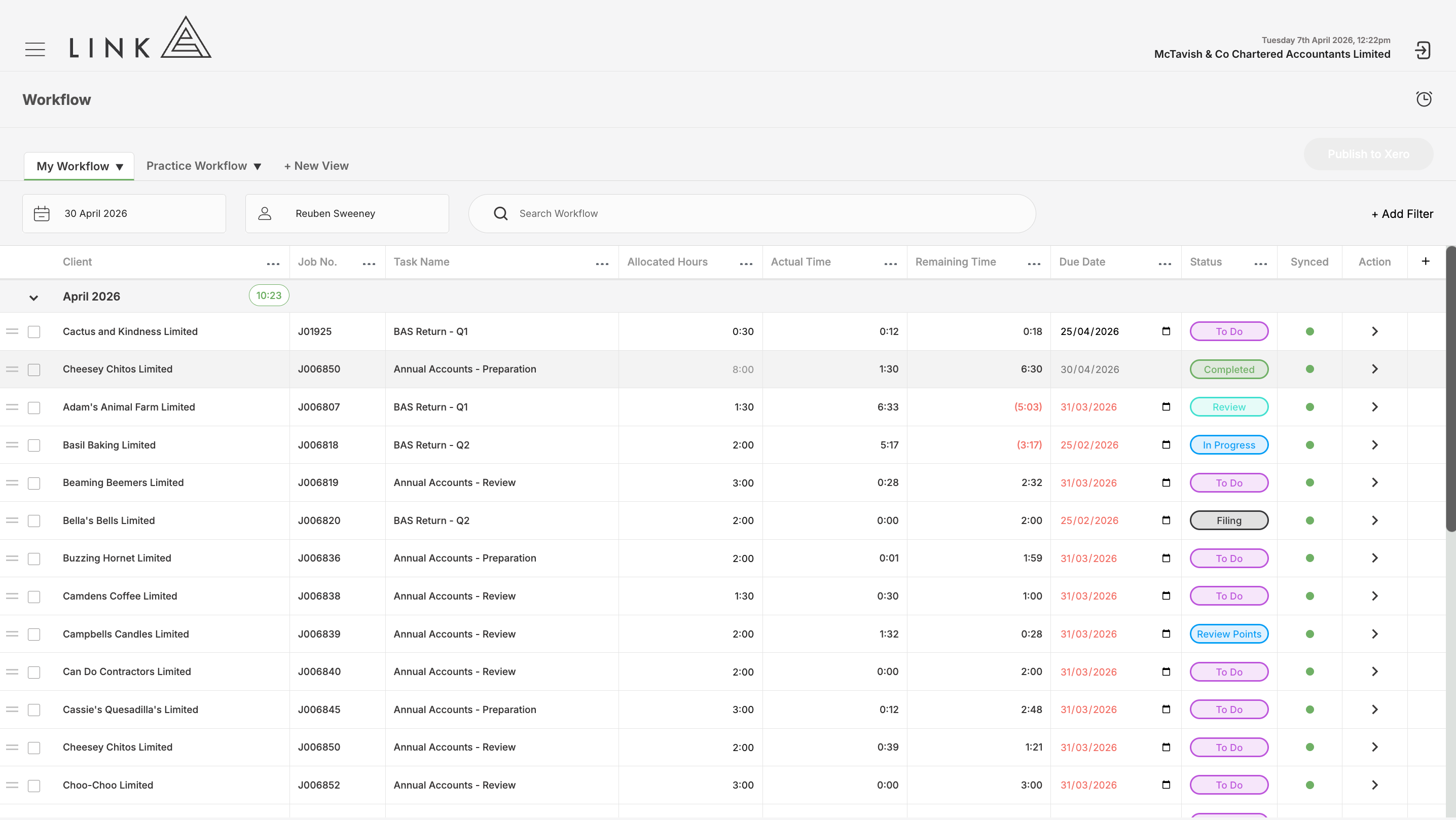 Completing a task in your workflow completes the task in Xero