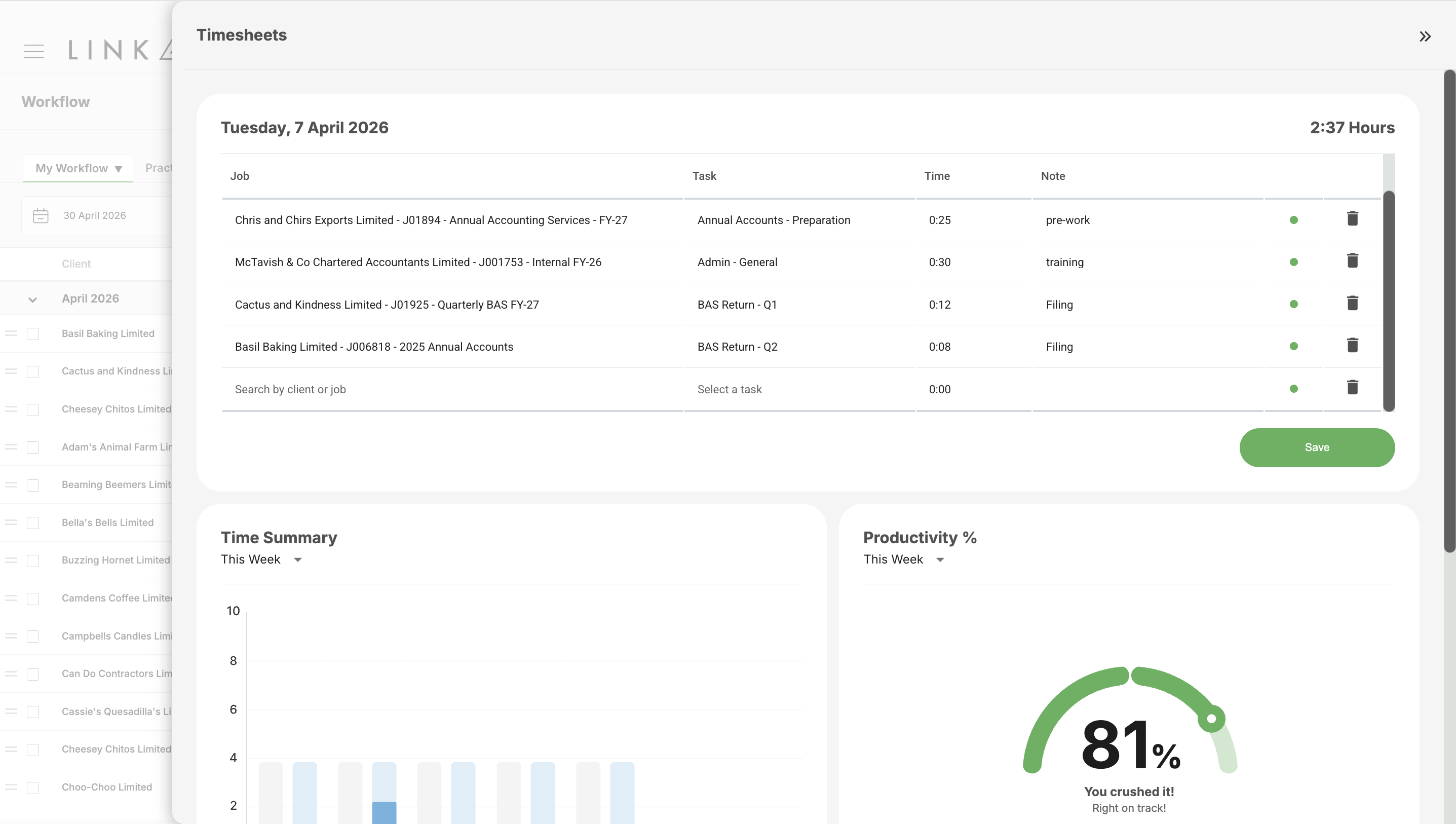 Timesheets pre-populated by workflow.