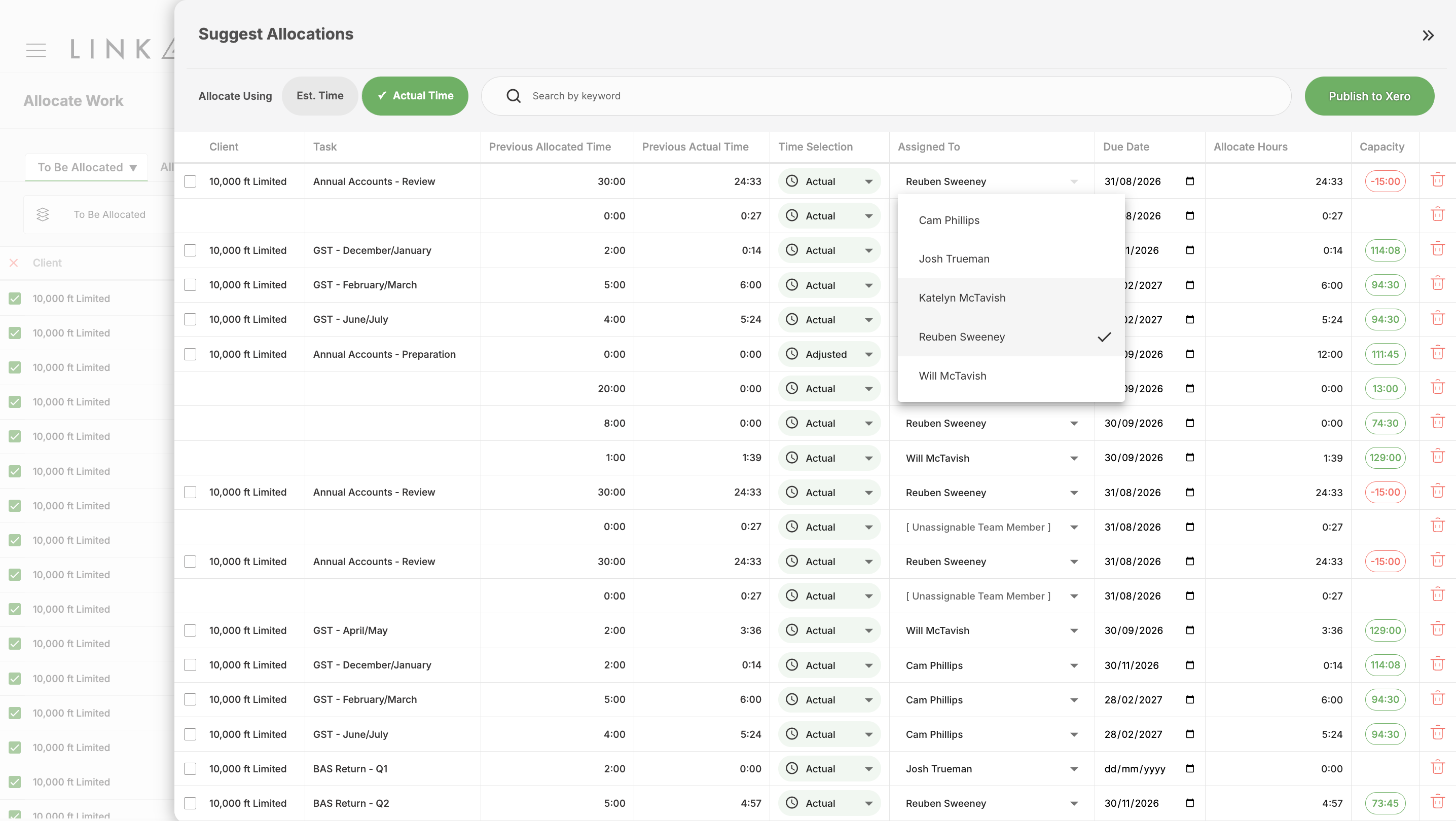 Suggest allocation also previews capacity before publishing your plan to Xero