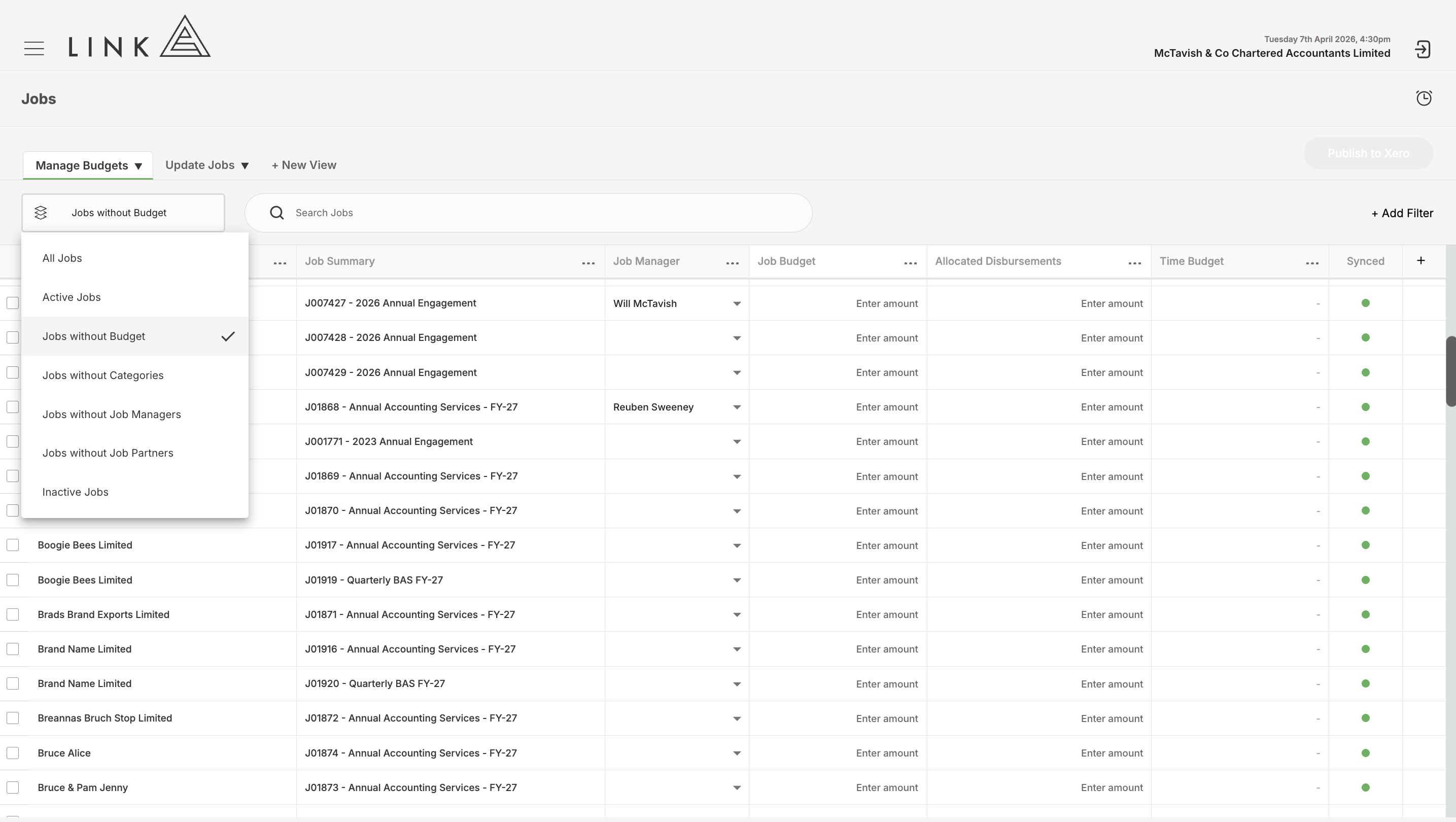 Quick select jobs without budgets