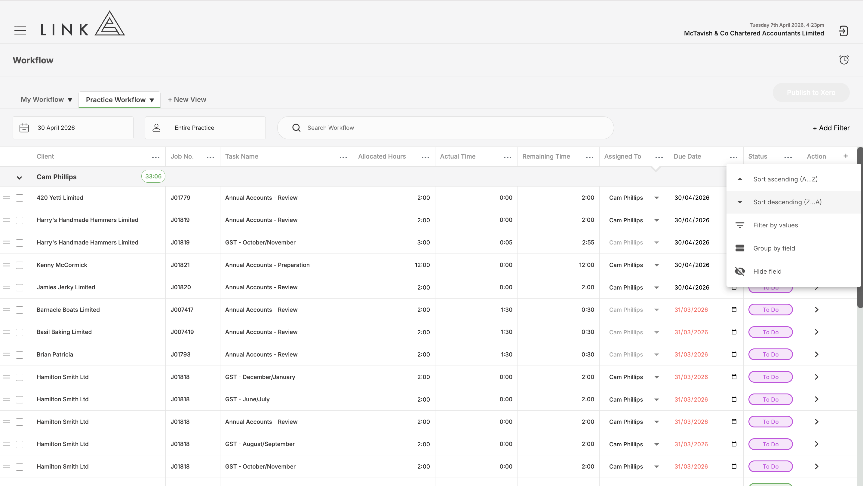 Sort by Due date to identify overdue or near due tasks