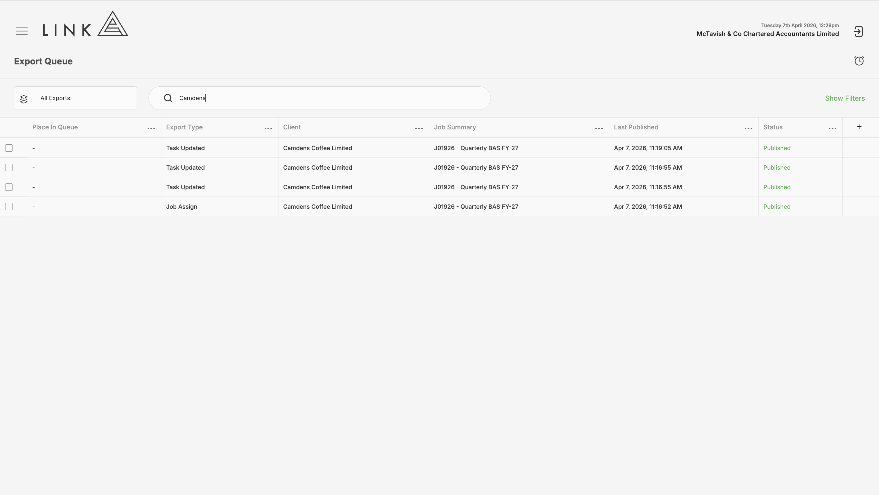 Search the queue for clients, tasks or job updates