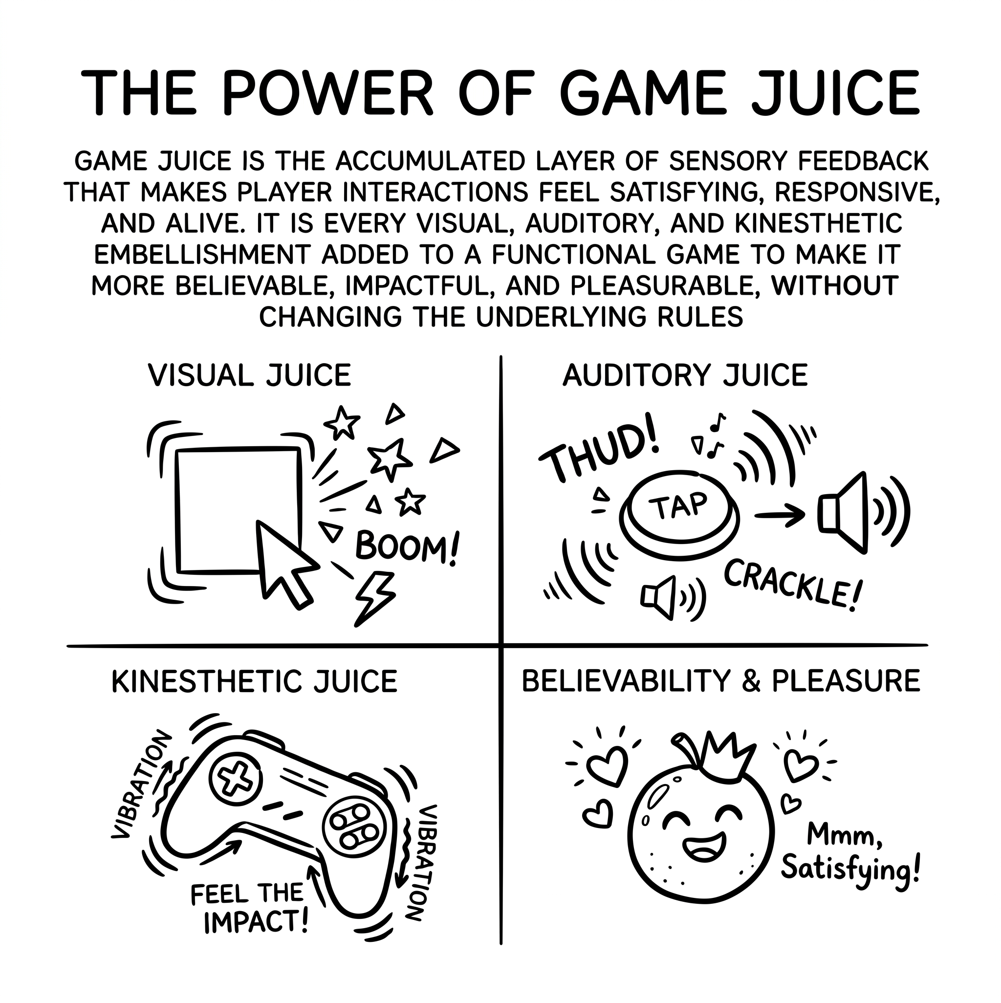 Game juice is the accumulated layer of sensory feedback that makes player interactions feel satisfying, responsive, and alive. It is every visual, auditory, and kinesthetic embellishment added to a functional game to make it more believable, impactful, and pleasurable, without changing the underlying rules.