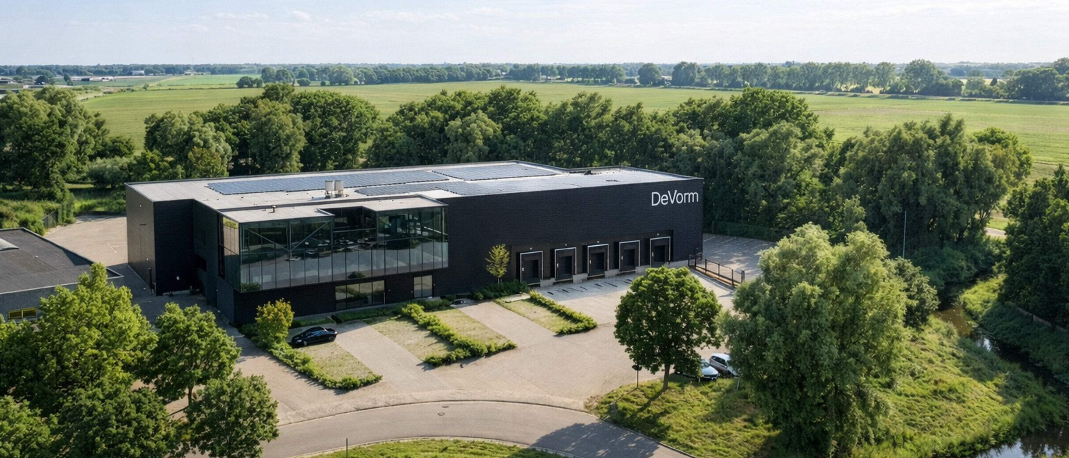 De Vorm headquarters in Duiven, the Netherlands, aerial view with solar panels on the roof