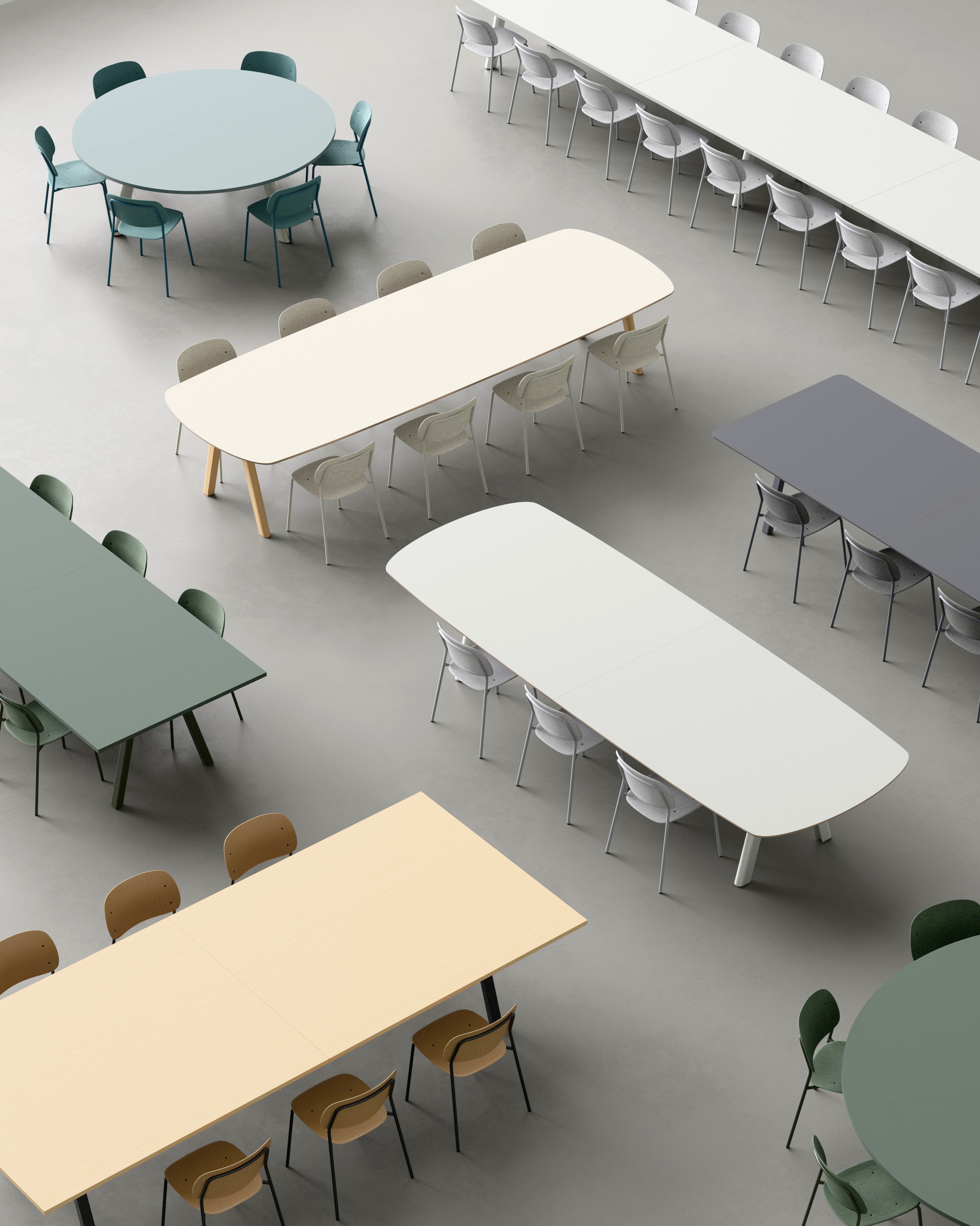 De Vorm Big Modular Table and Hale Chair collection in multiple colours and configurations, overhead view of a large space