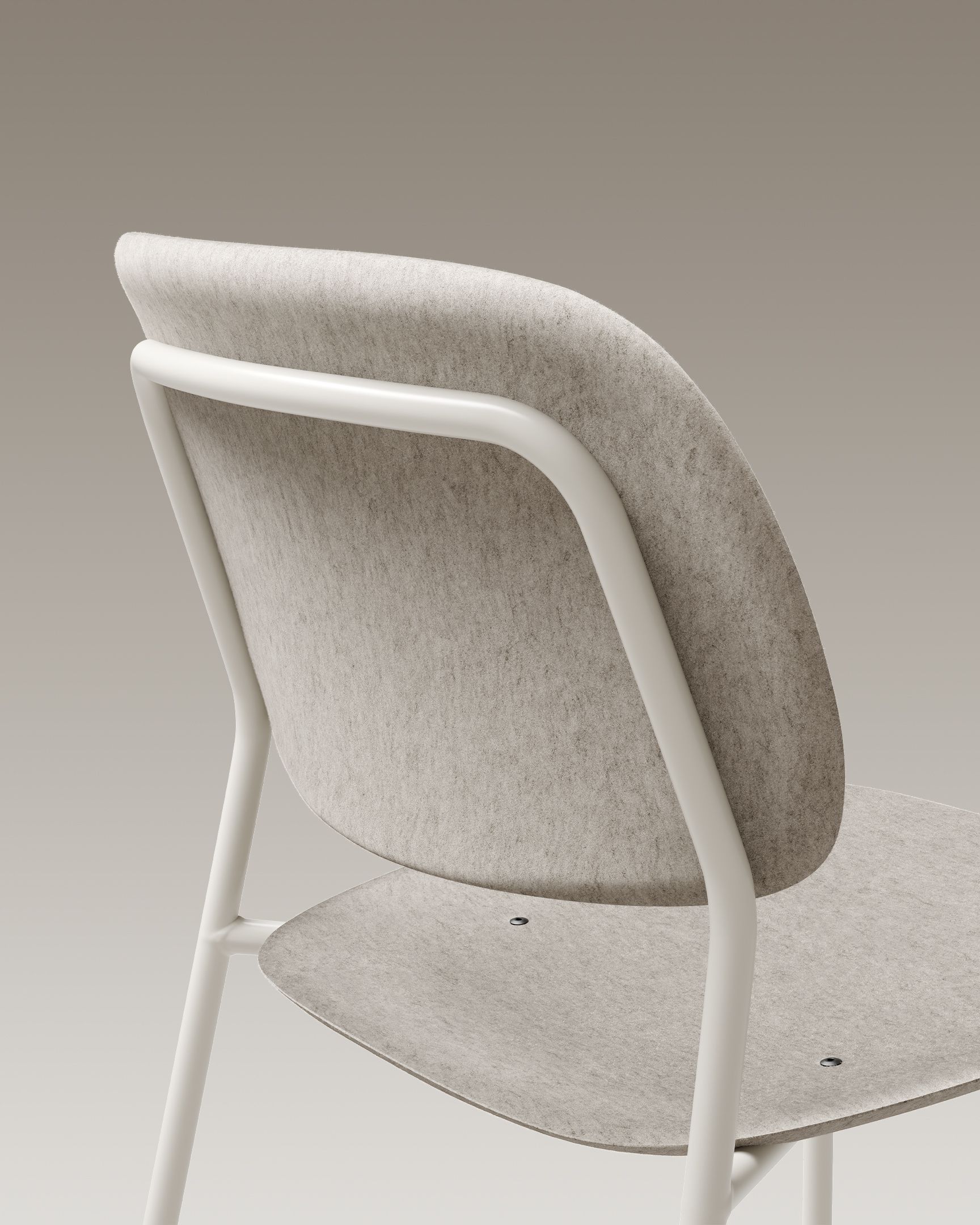 Hale PET Felt Stack Chair in beige with white frame, close-up detail of backrest and seat from behind