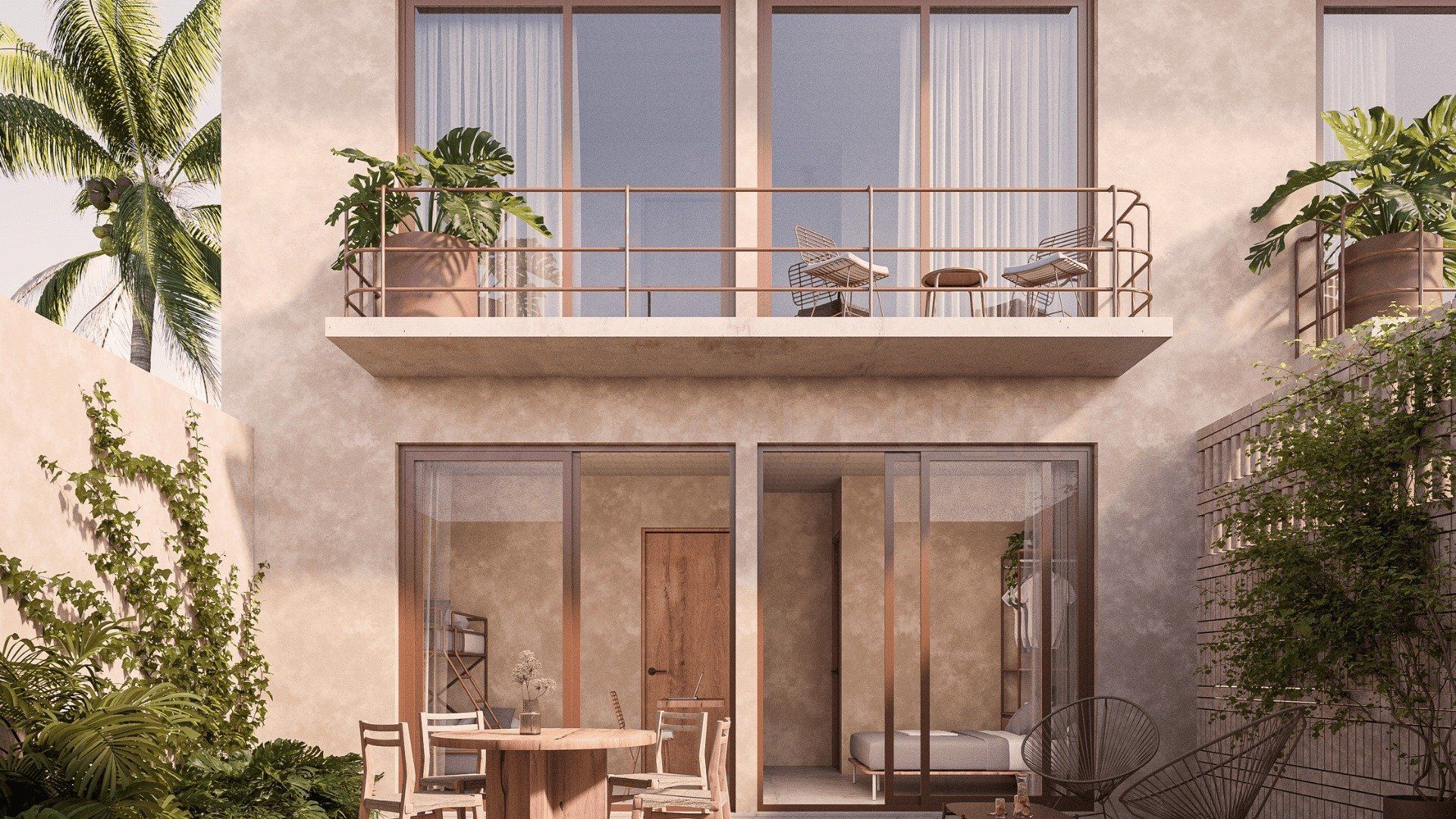 Jardín en planta baja y balcón superior, render