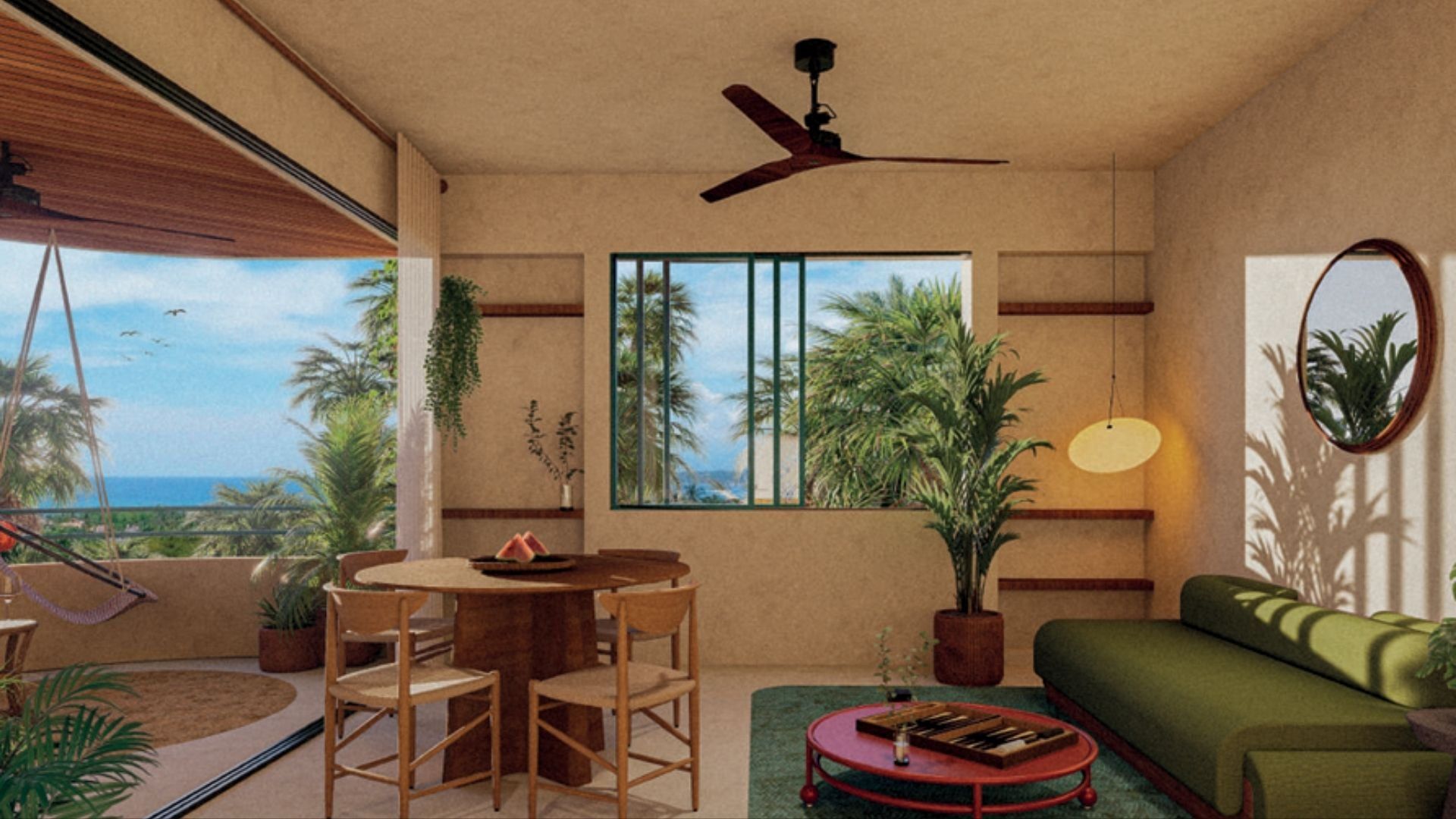 Studio dining area with ocean view, render