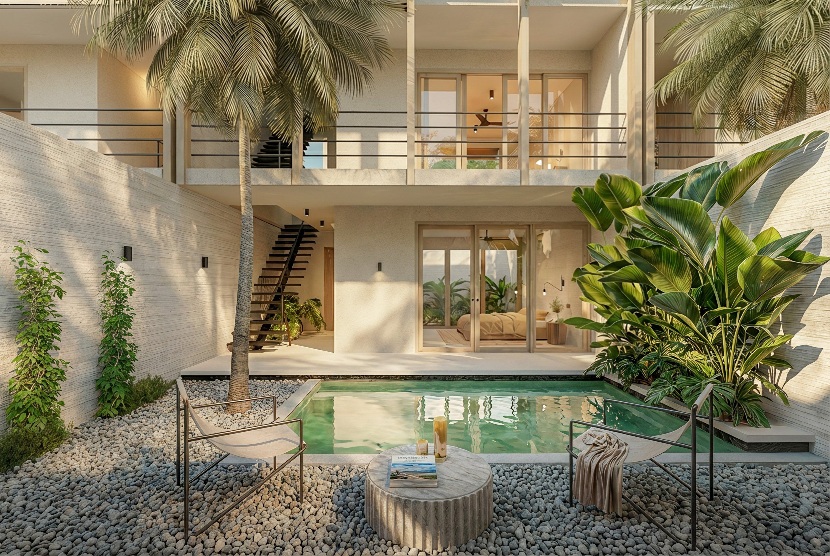 Rendu du patio avec piscine privée et escalier, Casa Mía, La Barra de Colotepec