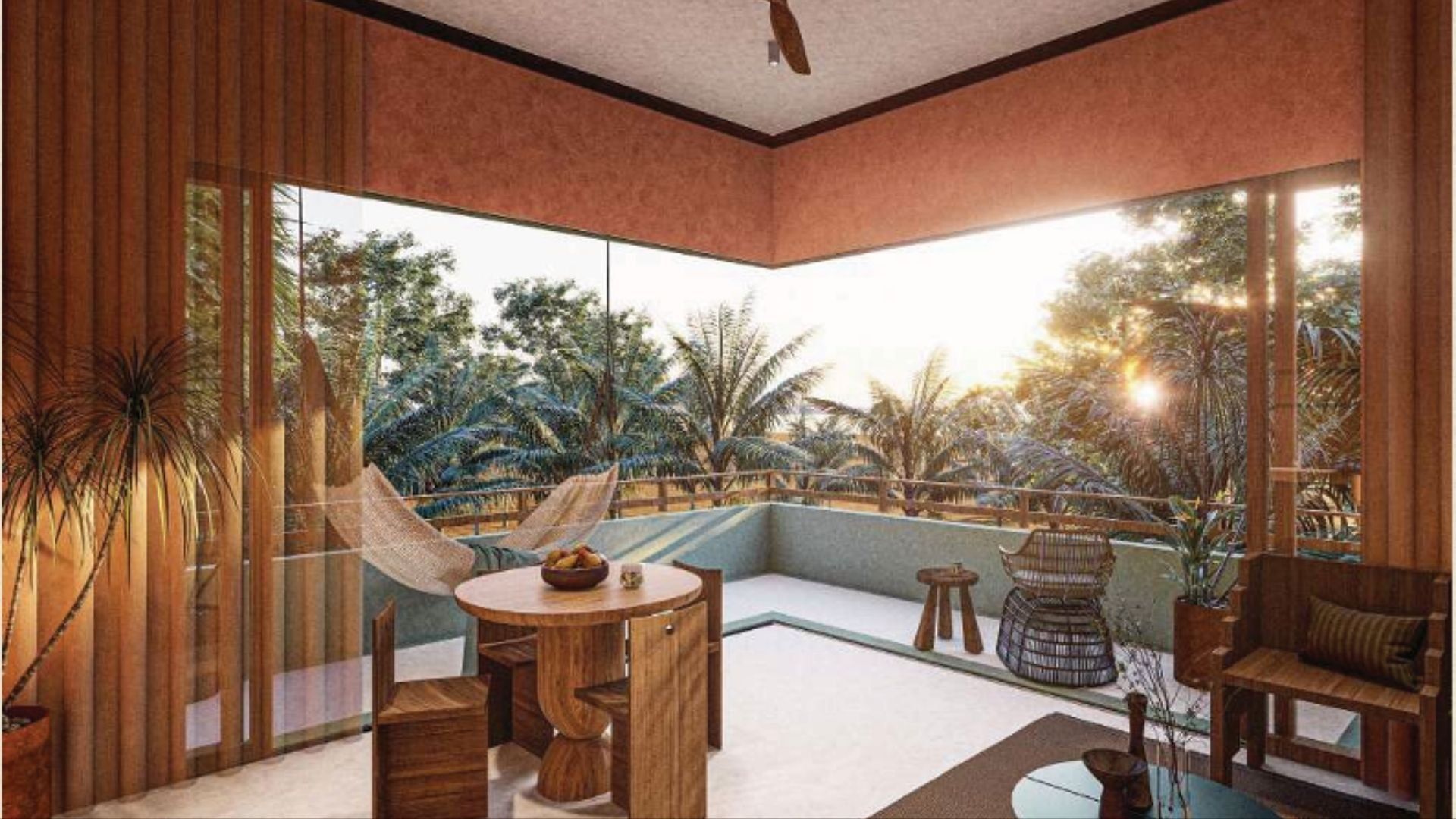 Living area and terrace at sunset, render