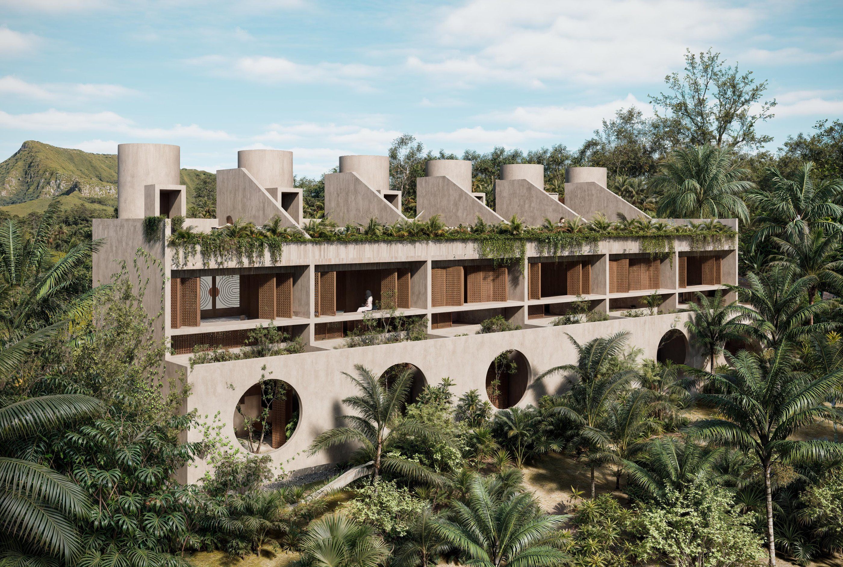 Render of the villas among palm trees with round openings and rooftop volumes, Navis, Emiliano Zapata