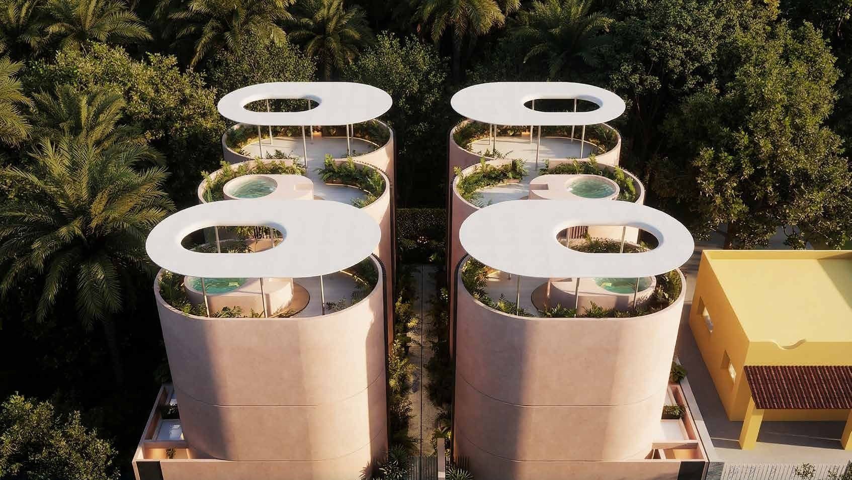 Aerial render of the buildings with rooftop plunge pools, Bellacocho, Bacocho
