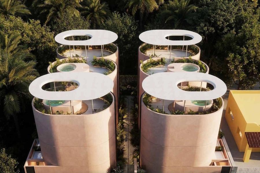 Aerial render of the buildings with rooftop plunge pools, Bellacocho, Bacocho