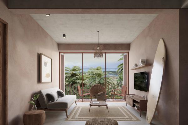 Sala abierta al balcón, render
