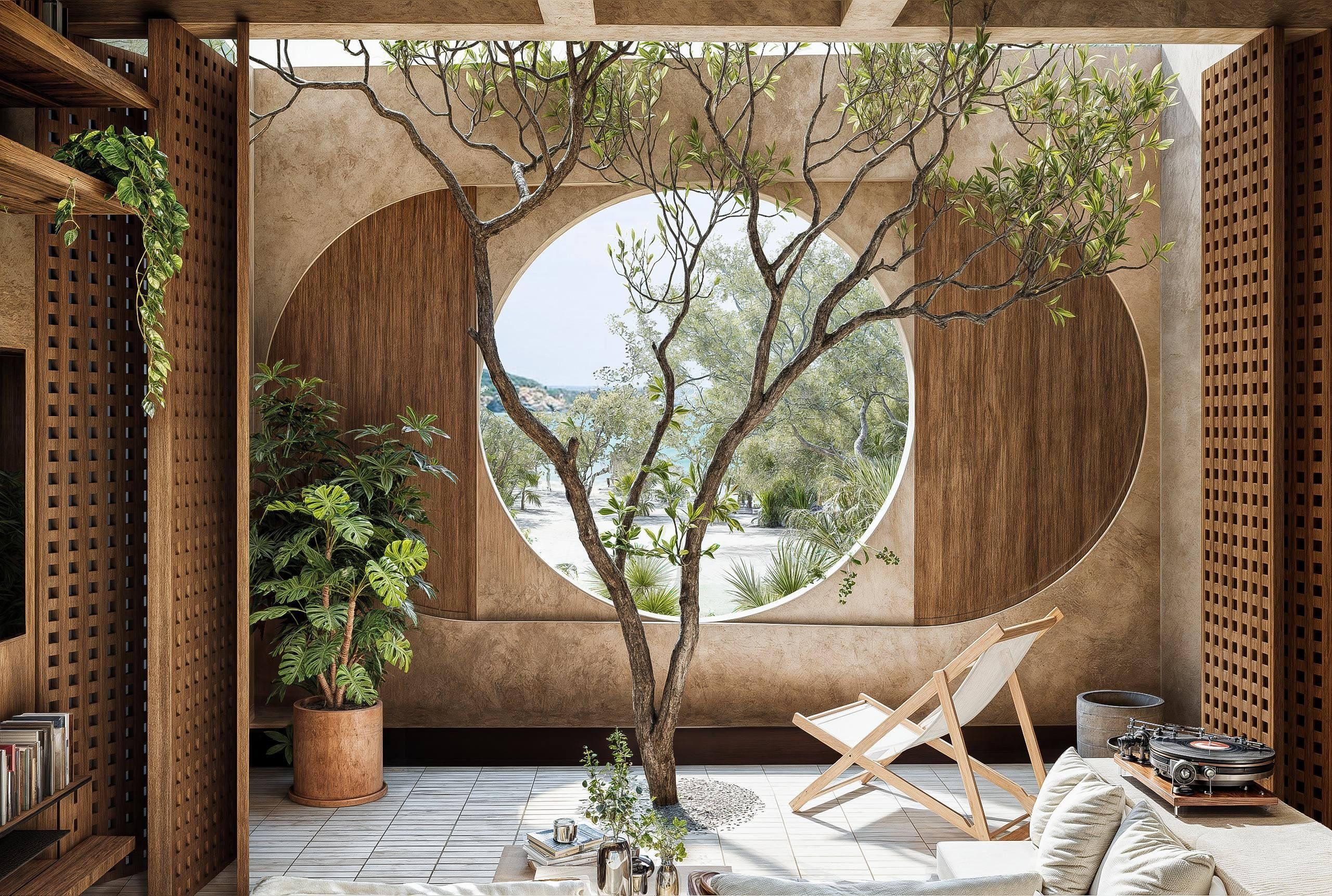 Render del patio con árbol y ventana circular, Navis