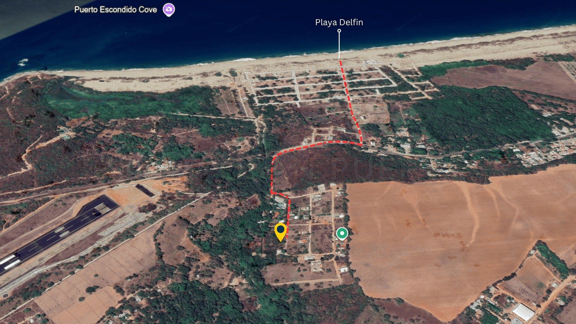 Vista satelital del camino del terreno a Playa Delfín
