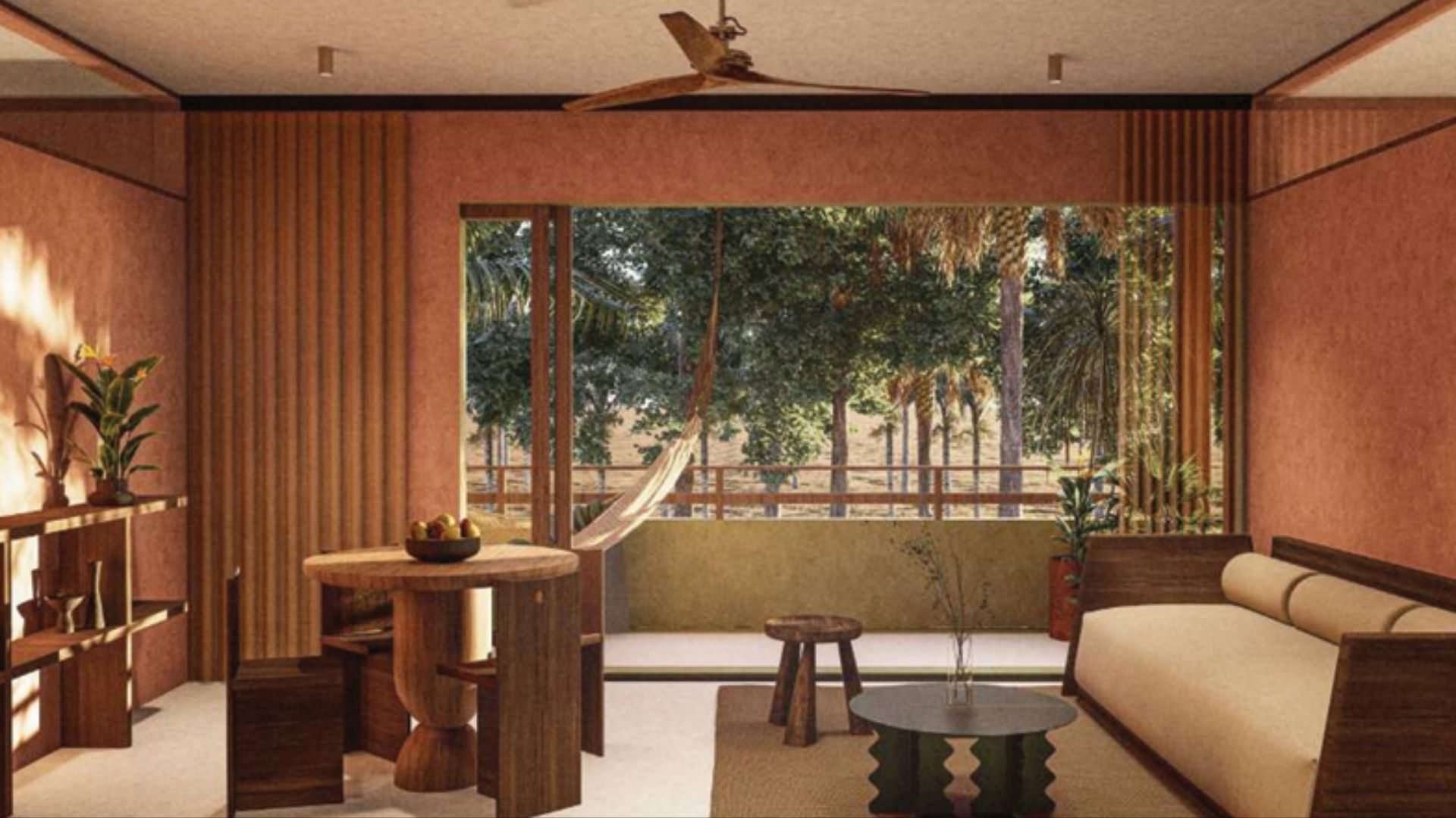 Living and dining area facing the terrace, render