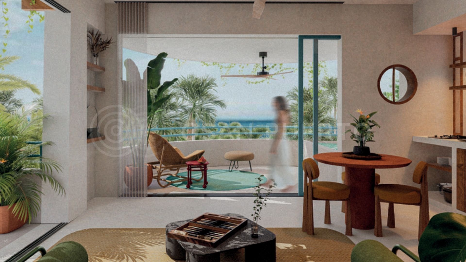 Studio living area opening to terrace, render