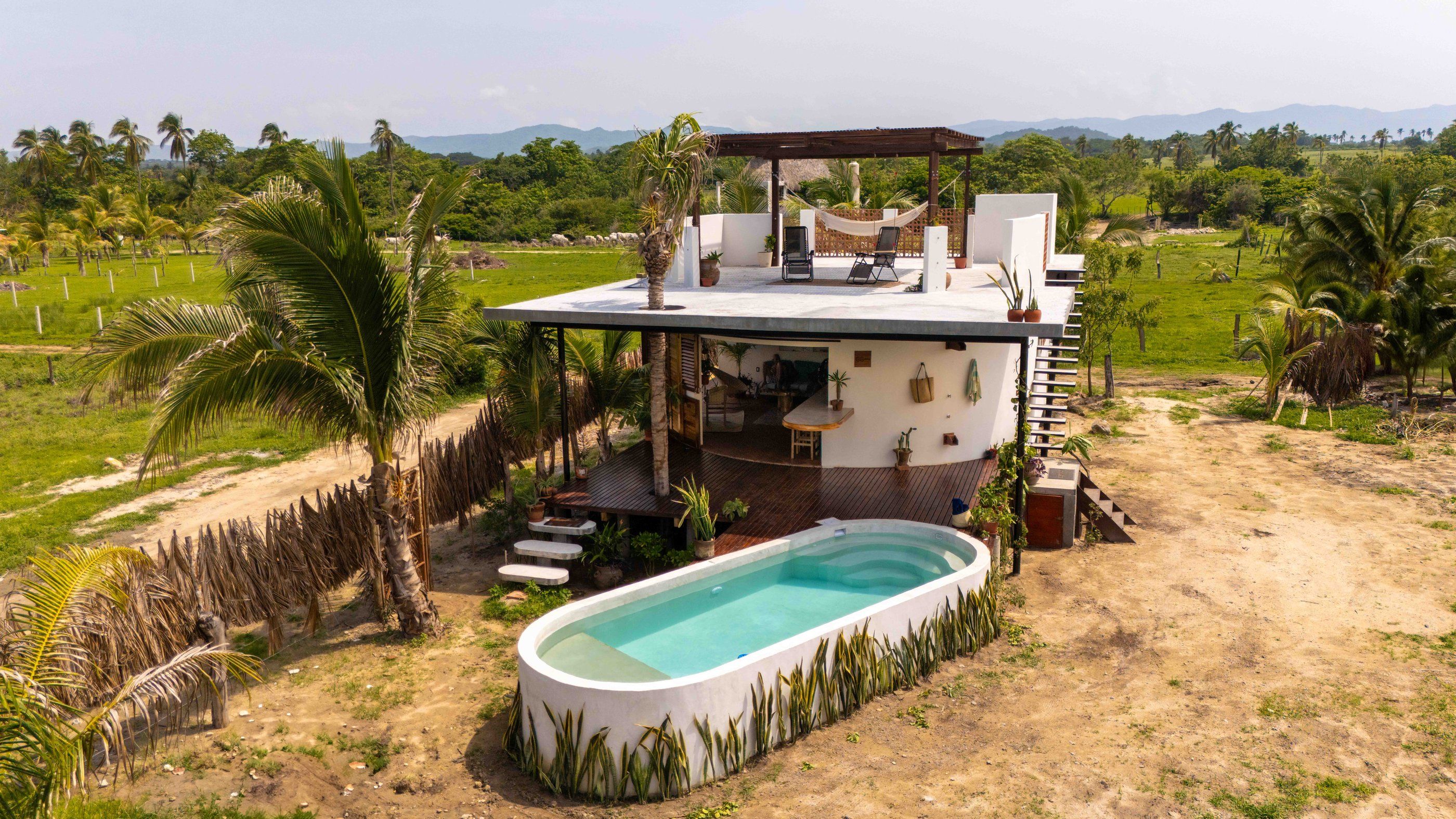 Aerial view of the pool and rooftop terrace, El Puertecito