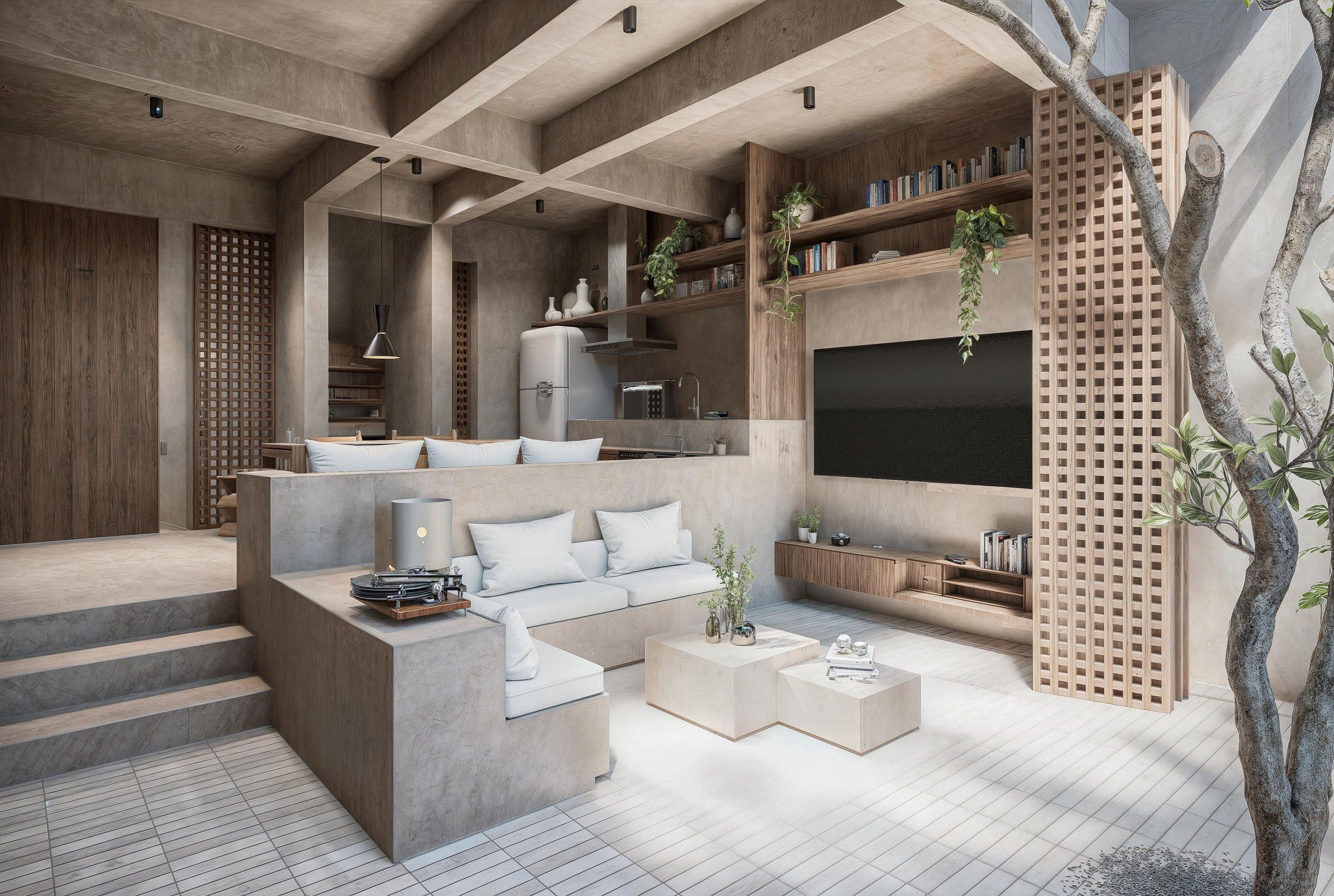 Render de la sala en concreto aparente y madera, Navis
