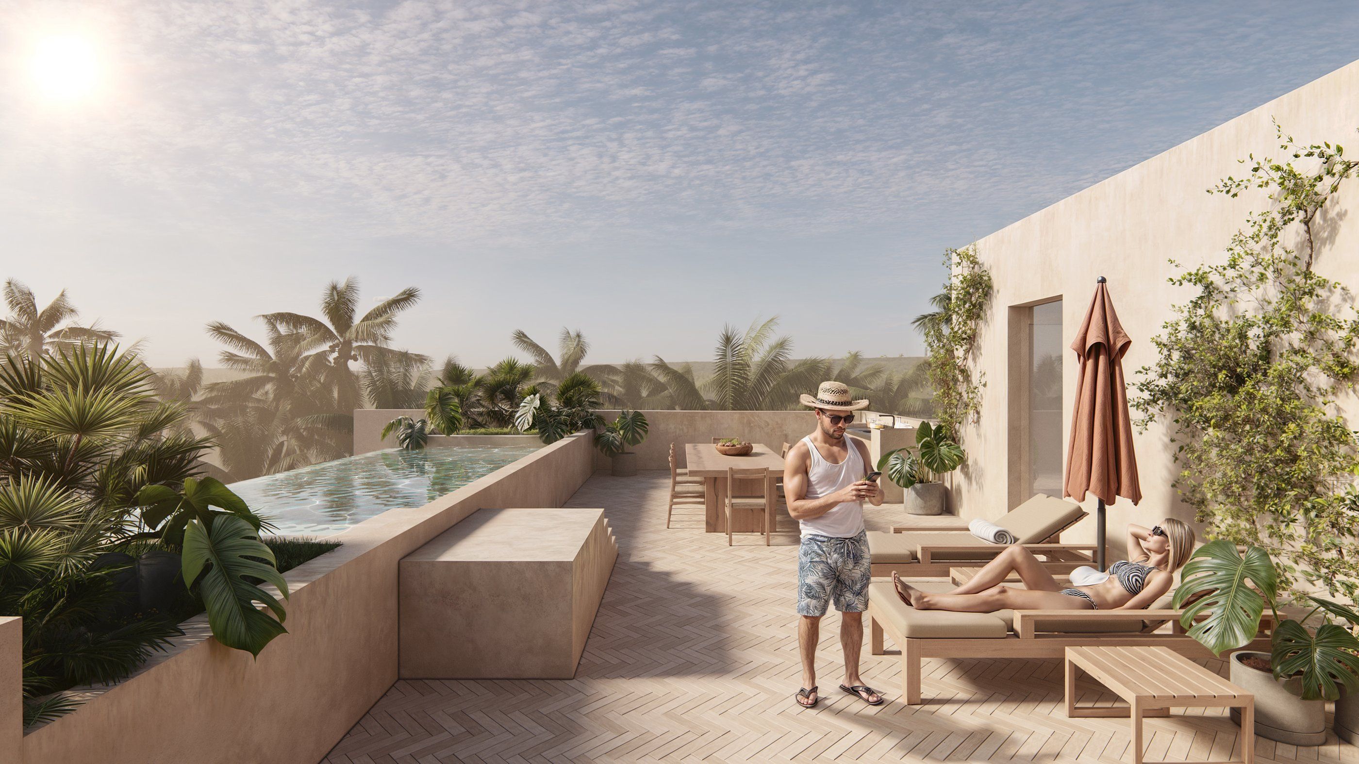 Shared rooftop with pool and loungers at One Coast, La Punta Zicatela, render