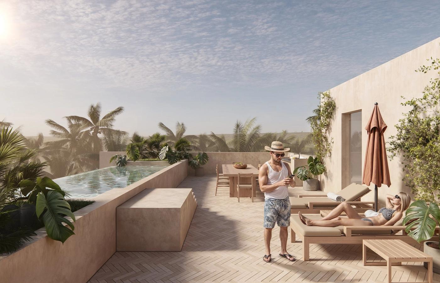 Shared rooftop with pool and loungers at One Coast, La Punta Zicatela, render