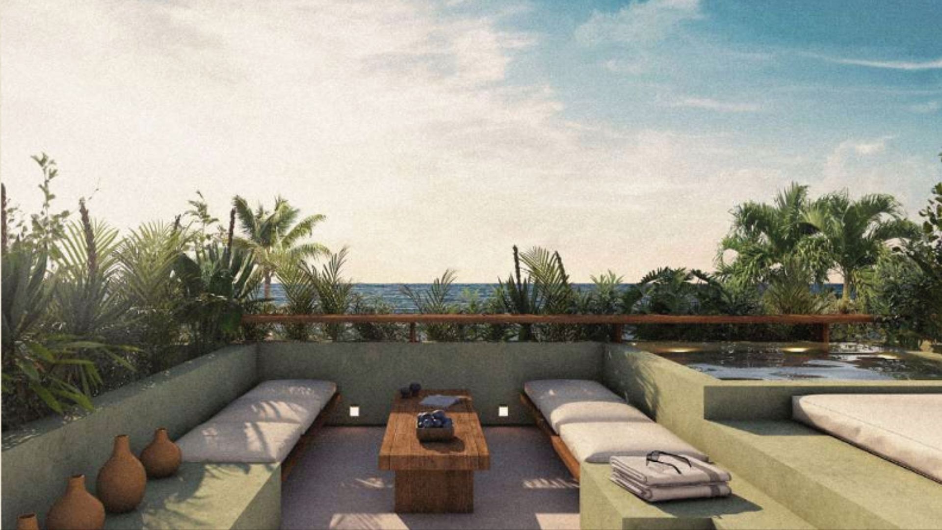 Rooftop lounge with ocean view, render