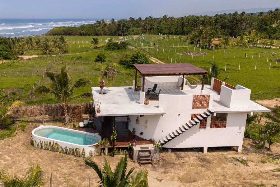 Aerial view of the house, pool and rooftop terrace, El Puertecito