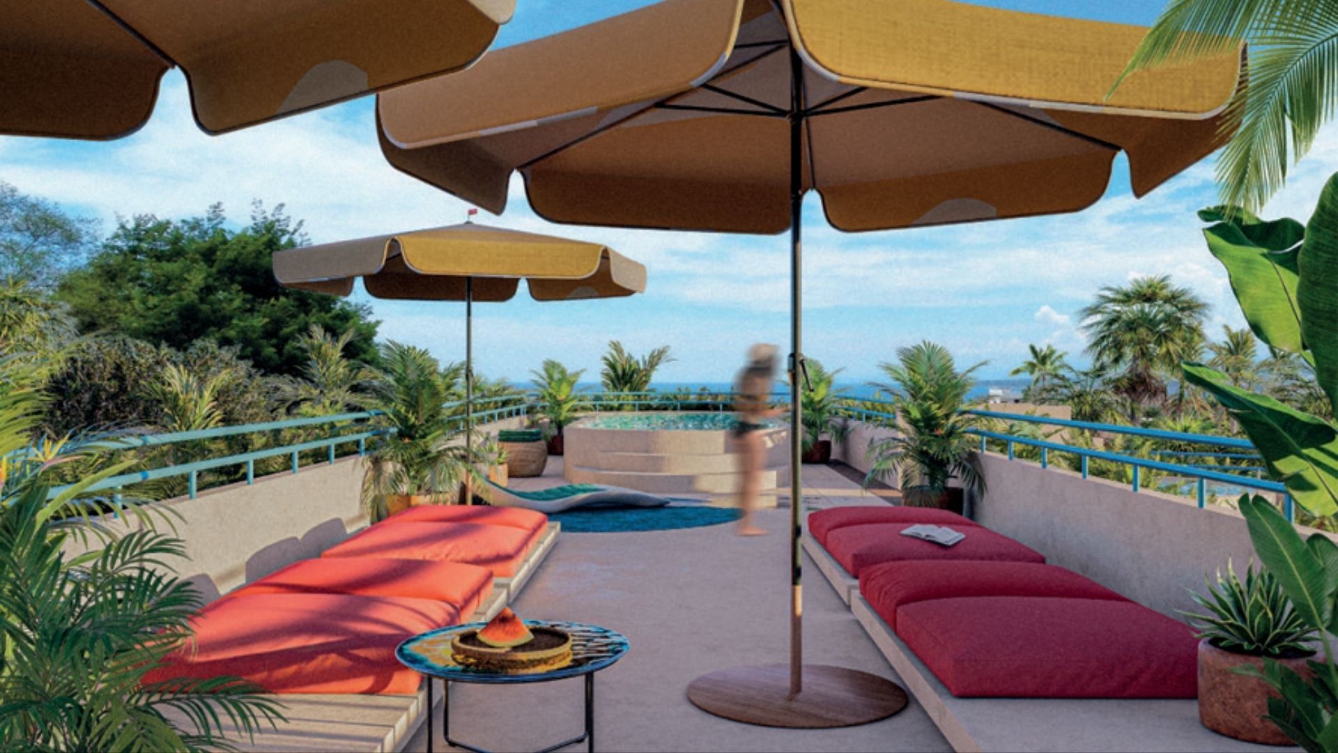 Rooftop lounge with umbrellas, render