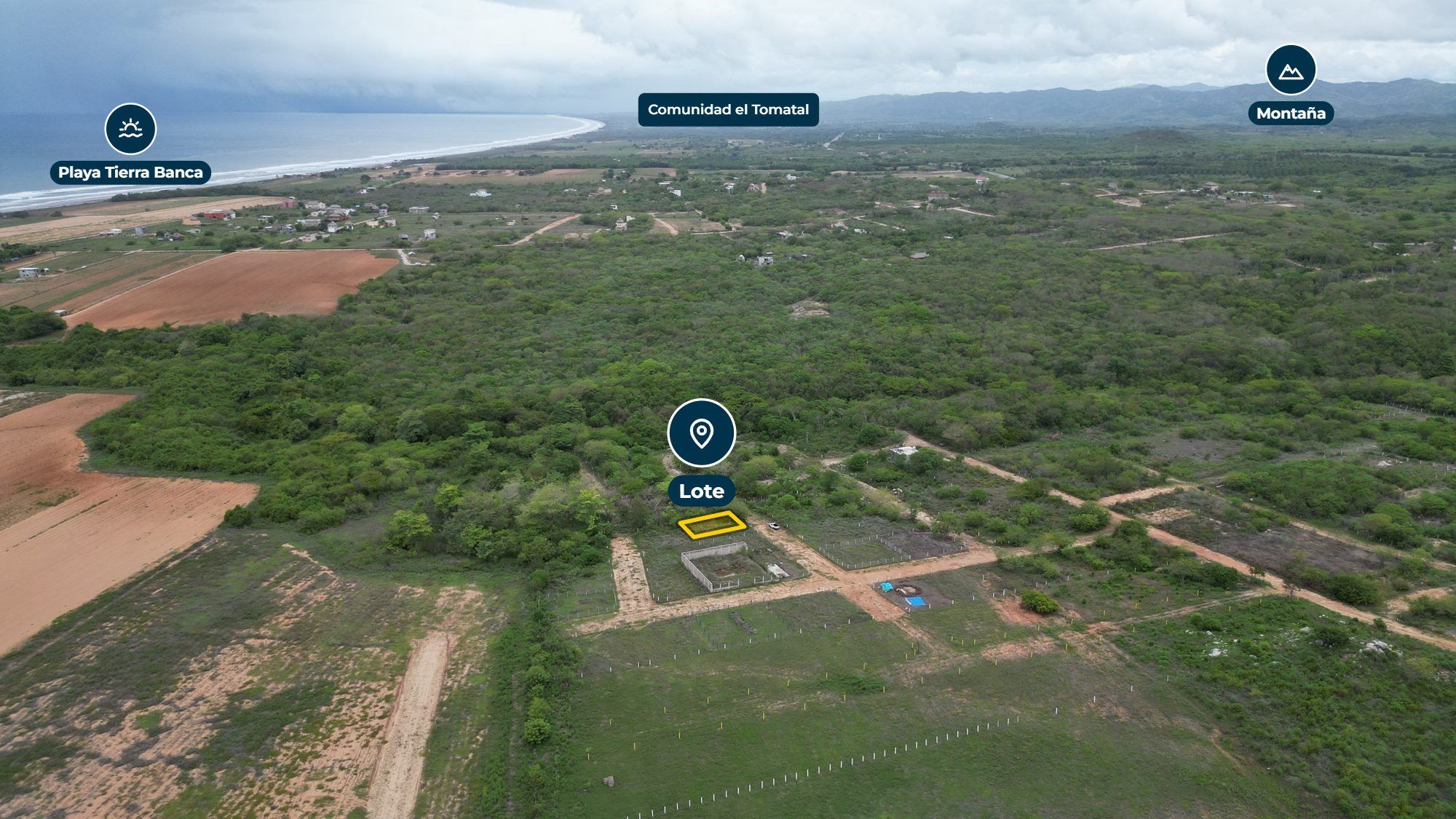 Lot location with Playa Tierra Blanca and the hills, aerial view