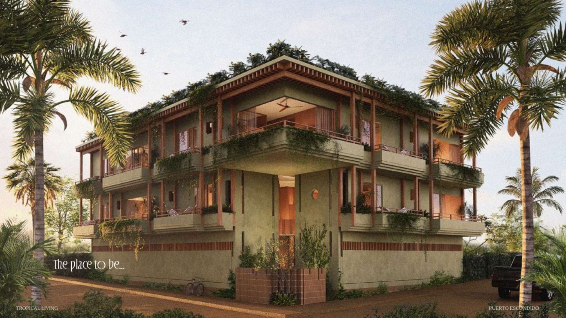 Guava building facade with palms, render