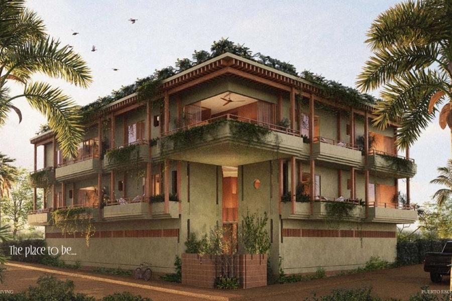 Guava building facade with palms, render