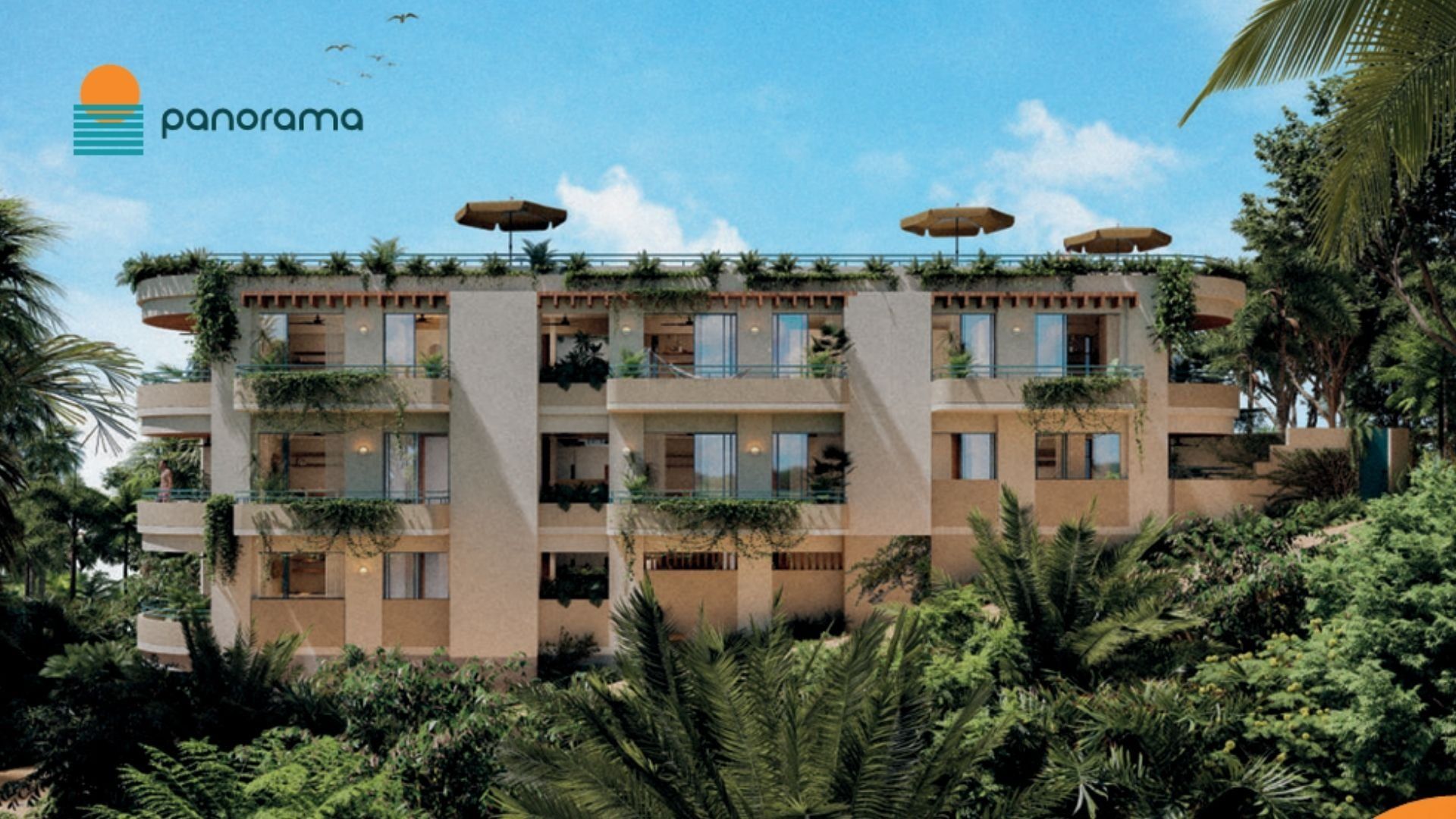Panorama building facade among palms, render